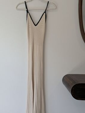 Cream Ribbed Knit Maxi Dress with Black Trim